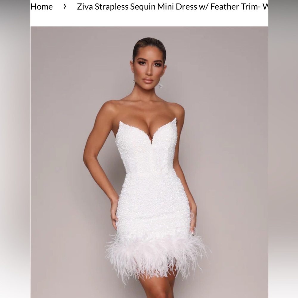 NEW white sequin and feather trim mini dress